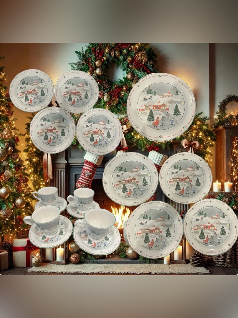 17 piece vintage Sango Skating
Christmas/Winter Ceramic dinnerware.